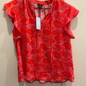 NWT Ann Taylor Petite XSP Floral Mixed Media Ruffle Sleeve Tie Neck Shell